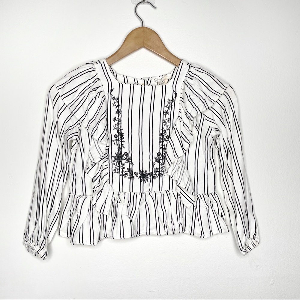 Jessica Simpson Embroidered Ruffled Cropped Blouse Striped 100% Rayon Size 6